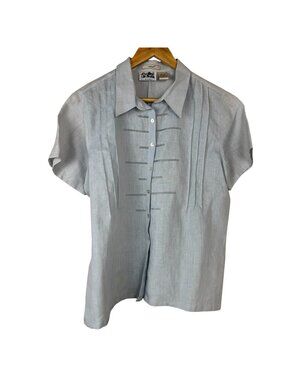 Edward 100% Irish Linen Blouse Shirt Pale Blue Lrg Vintage Tie Back Casual Flaws